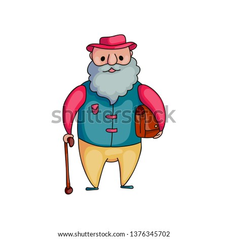 Old senior man with walking stick and leather bag