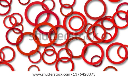 Abstract illustration of randomly arranged red rings with soft shadows on white background