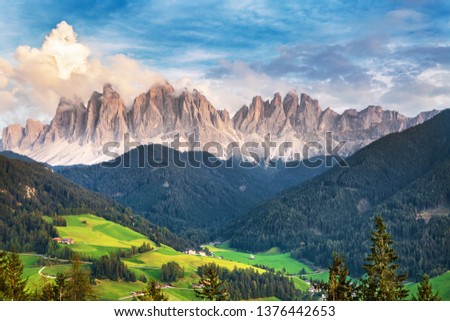 Famous alpine place of the world, Santa Maddalena village with magical Dolomites mountains in background, Val di Funes valley, Trentino Alto Adige region, Italy, Europe