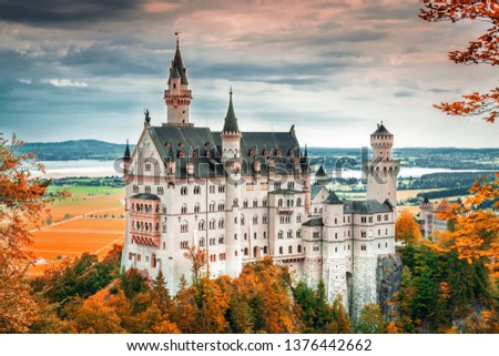 Neuschwanstein, summer landscape panorama picture of the fairy tale castle near Munich in Bavaria, Germany