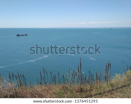 View from the cliff to the turquoise sea, dry tall grass and ships at Cape Kaliakra