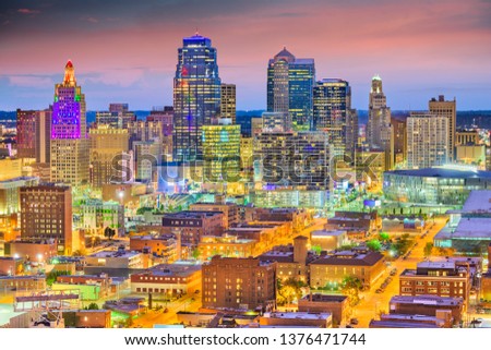 Kansas City, Missouri, USA downtown cityscape at twilight.