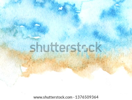 Abstract Watercolor painting. Background for beach, sand and waves concept, Summer vibes  image, Light blue and yellow. Hand painted Illustration.
