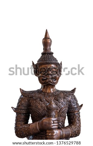 Close up of Face of Tos-Sa-Kan from Ramakien isolate on white background. Brass statue of the giant statue in Thai style, thailand literature Ramayana traditional.with clipping path