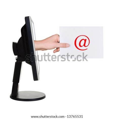 Computer screen and hand with letter isolated on white background
