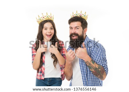 She is my little princess. Man golden crown and little girl kid princess. Best daughter ever. Royal family. King and princess. Happy family white background. Bearded man proud of his daughter.