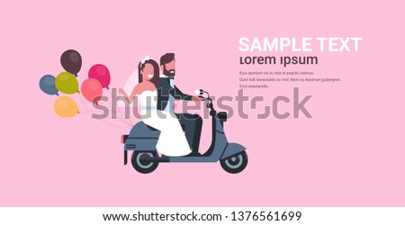 just married man woman riding motor scooter with colorful balloons romantic couple bride and groom having fun wedding day concept pink background copy space full length horizontal flat