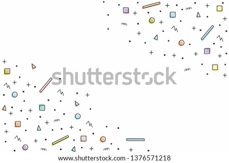 Abstract random colorful geometric shapes seamless background with field for information. Contour shapes with sour cream fill in random order, complemented by lines, dots and squares.