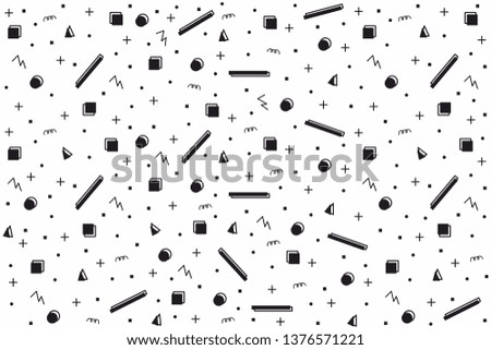 Abstract random geometric shapes seamless background. Contour shapes with sour cream fill in random order, complemented by lines, dots and squares. Vector texture, eps 8 background