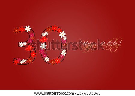 Vector illustration of Happy Birthday! 30th anniversary. Red flowers.