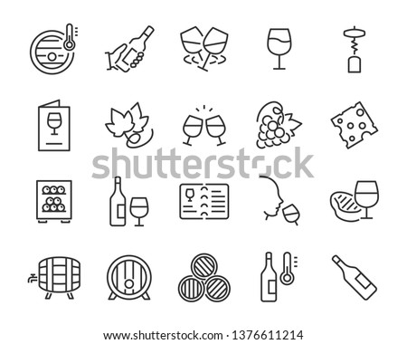 set of wine icon, such as grape, cheese, barrel, bottle, glass Royalty-Free Stock Photo #1376611214
