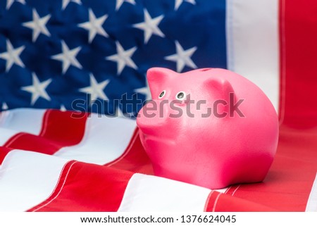 American flag and pink piggy bank close up