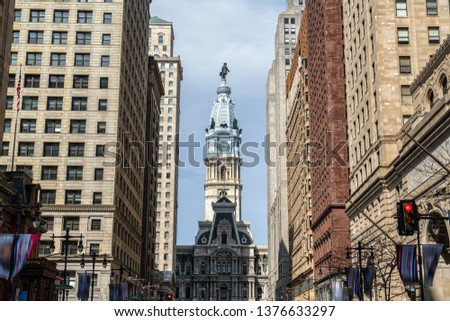 Closeup clock tower of Philadelphia city hall at afternoon, Architecture and building with tourist concept