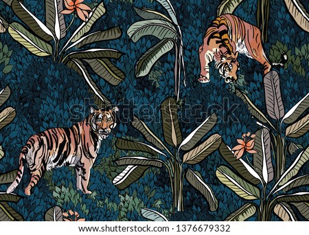 Seamless Pattern Jungle Forest Exotic Plants Wildlife Tigers in Banana Trees in Dark Navy Blue Colors