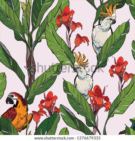 Seamless Pattern Jungle Forest Exotic Plants Wildlife Parrot Birds in Cana Flowers Big Leaves