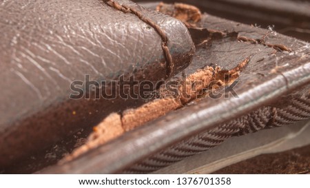 macro photo of old torn brown wallet with money bills