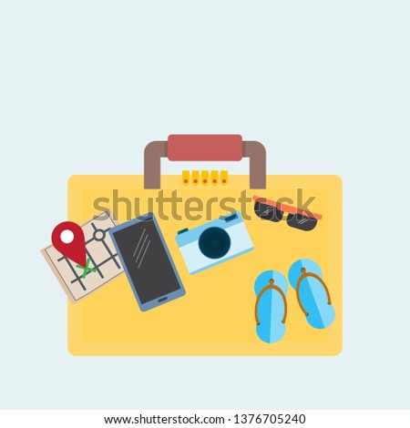 accessories and travel items, flat lay top view background
