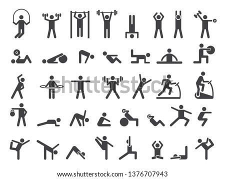 Fitness symbols. Sport exercise stylized people making exercises vector icon Royalty-Free Stock Photo #1376707943