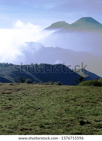 a mountain landscape, forest, sky, visible above bright clouds with exotic panoramas and the atmosphere of cold air greeted by the warm sun, after being tired of climbing with brave climbers