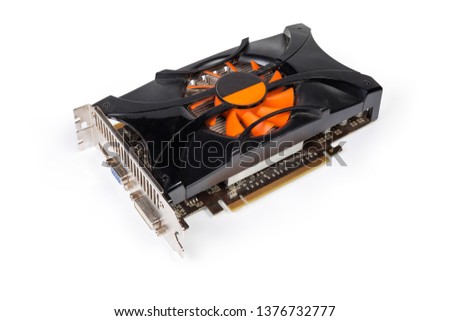 Used high performance graphics card for used in desktop computers equipped with heat sink with fan on a white background
