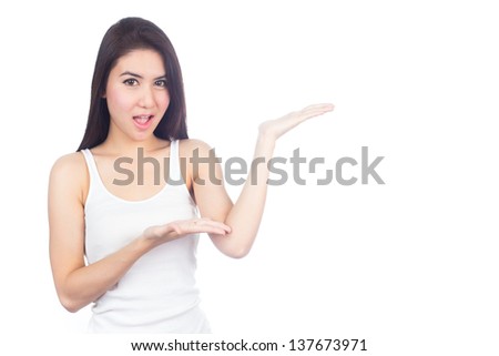 Young woman gesturing isolated on white background.