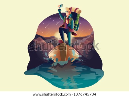 Mountain with tourist Fishing, shooting star, morning panoramic view, landscape early in daylight. travel camping, vector illustration website or banner. Outdoor lake or river