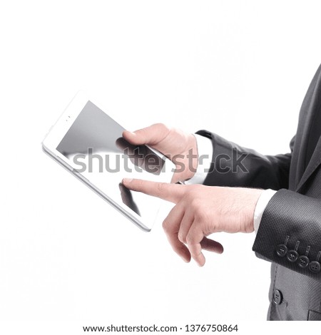 close up.businessman using digital tablet.isolated on white