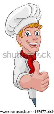 A chef cook or baker peeking around a sign and giving a thumbs up cartoon