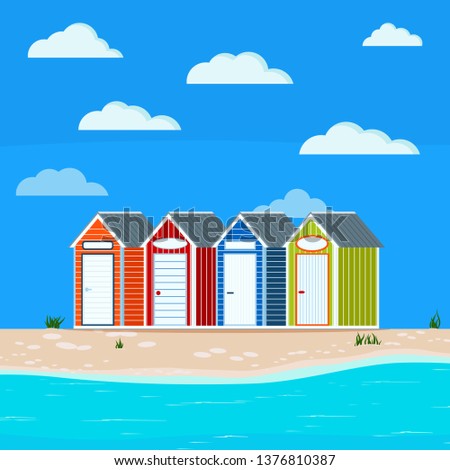 Summer sea side landscape with grass, huts, sand, stones, clouds. Cute blue, green, orange, red striped house with nameplaten on the beach for rent sport equipment. Flat cartoon vector illustration.