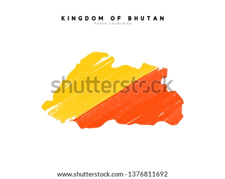 Bhutan detailed map with flag of country. Painted in watercolor paint colors in the national flag.