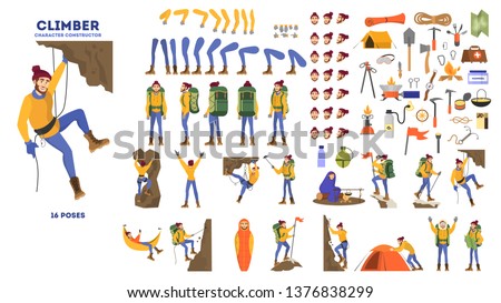 Mountain climber animation set. Active and extreme lifestyle. Travel or adventure. Outdoor activity. Equipment for mounteering. Vector illustration in cartoon style