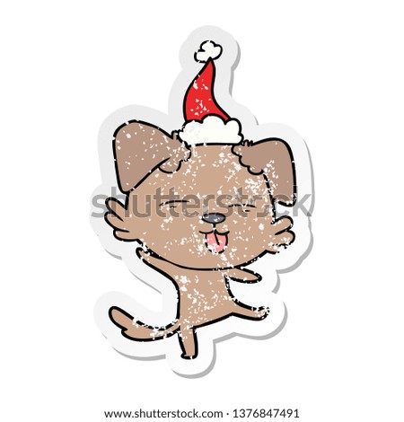 hand drawn distressed sticker cartoon of a dancing dog wearing santa hat