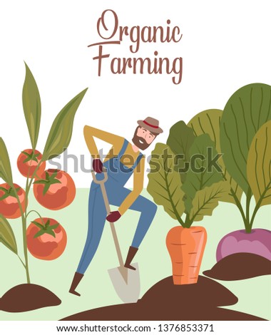 Organic farming illustration with man spends time in the garden and planting vegetables. Farmer caring for plants. Editable vector illustration