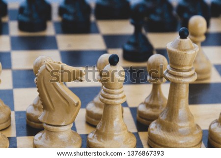 black and white chess pieces on a checkered board. the beginning of the game of chess