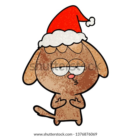 hand drawn textured cartoon of a bored dog wearing santa hat