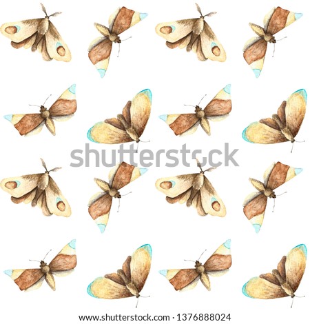Watercolor seamless pattern with moths. Butterflies background.