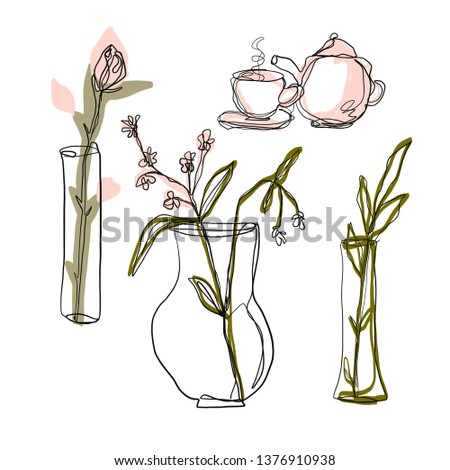 drawing one continuous line of a vase with a flower, cup and teapot isolated on white background. Set of hand drawn doodle sketches 