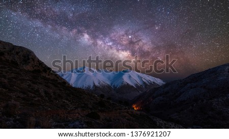 Milky way above the ice caped mountains of Lasithi, Crete, Greece