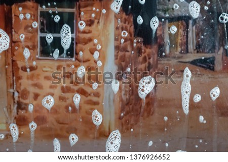 Background wet- raindrop realistic. Water splash shower- bad weather. Window- soap foam. Rainwater- liquid splash abstract