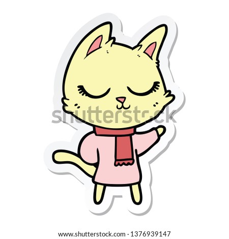 sticker of a calm cartoon cat wearing scarf