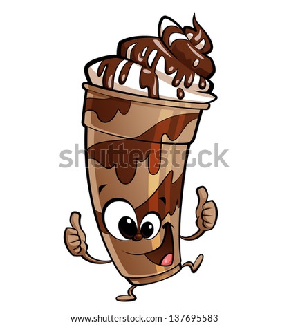 Happy cartoon anthropomorphic chocolate milkshake making a thumbs up gesture