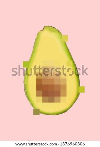 Hide the most important. Censored half of avocado on trendy coral background. Negative space. Modern design. Contemporary art collage. Explicit image. Concept of free speech and choice.