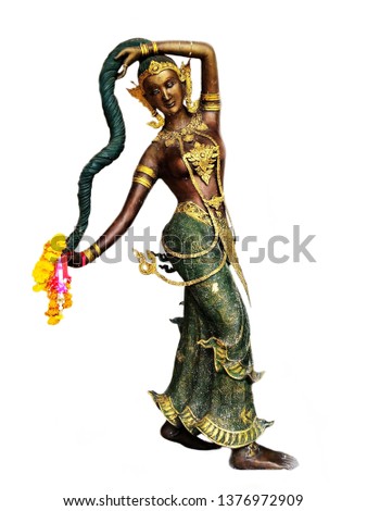 Statue of Phra Mae Thorani or Earth Goddess is personified as a woman wringing the water of detachment out of her hair to drown Mara(demon), the demon sent to tempt Gautama Buddha. 