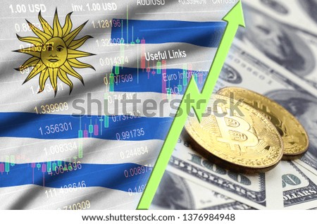 Uruguay flag and cryptocurrency growing trend with two bitcoins on dollar bills