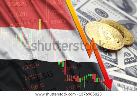 Yemen flag and cryptocurrency falling trend with two bitcoins on dollar bills