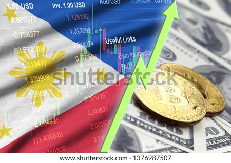Philippines flag and cryptocurrency growing trend with two bitcoins on dollar bills
