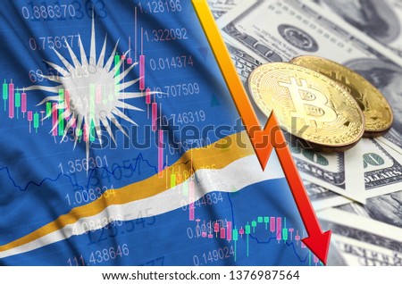 Marshall Islands flag and cryptocurrency falling trend with two bitcoins on dollar bills