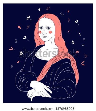 Decorative illustration of Mona Lisa by Leonardo da Vinci. Print for t shirt design.