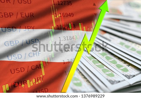 Austria flag and chart growing US dollar position with a fan of dollar bills