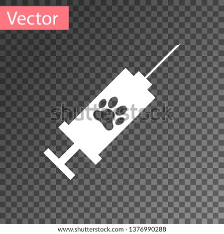 White Syringe with pet vaccine icon isolated on transparent background. Dog or cat paw print. Vector Illustration